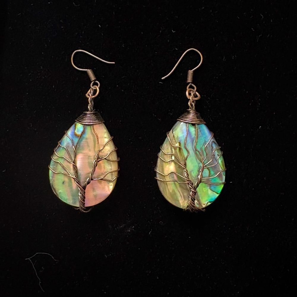 Stunning boho iridescent shell earrings with tree of life metal detail